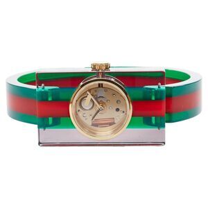 Gucci Plexi Web green red 143 skeleton dial rectangular frame watch